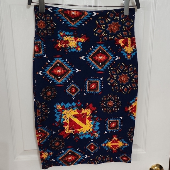 Jupe LuLaRoe Cassie Taille S - Fond Gris-bleu Imprimé Floral Rouge - NWT